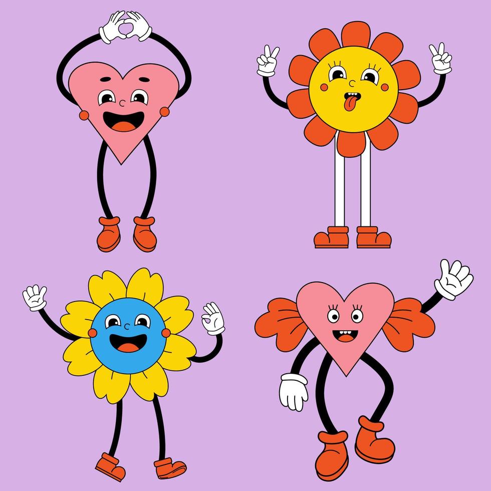 coloque pegatinas de dibujos animados retro con personajes cómicos divertidos con caras divertidas, manos y pies enguantados. flor de poder de dibujos animados retro de moda, corazón. ilustración vectorial vector