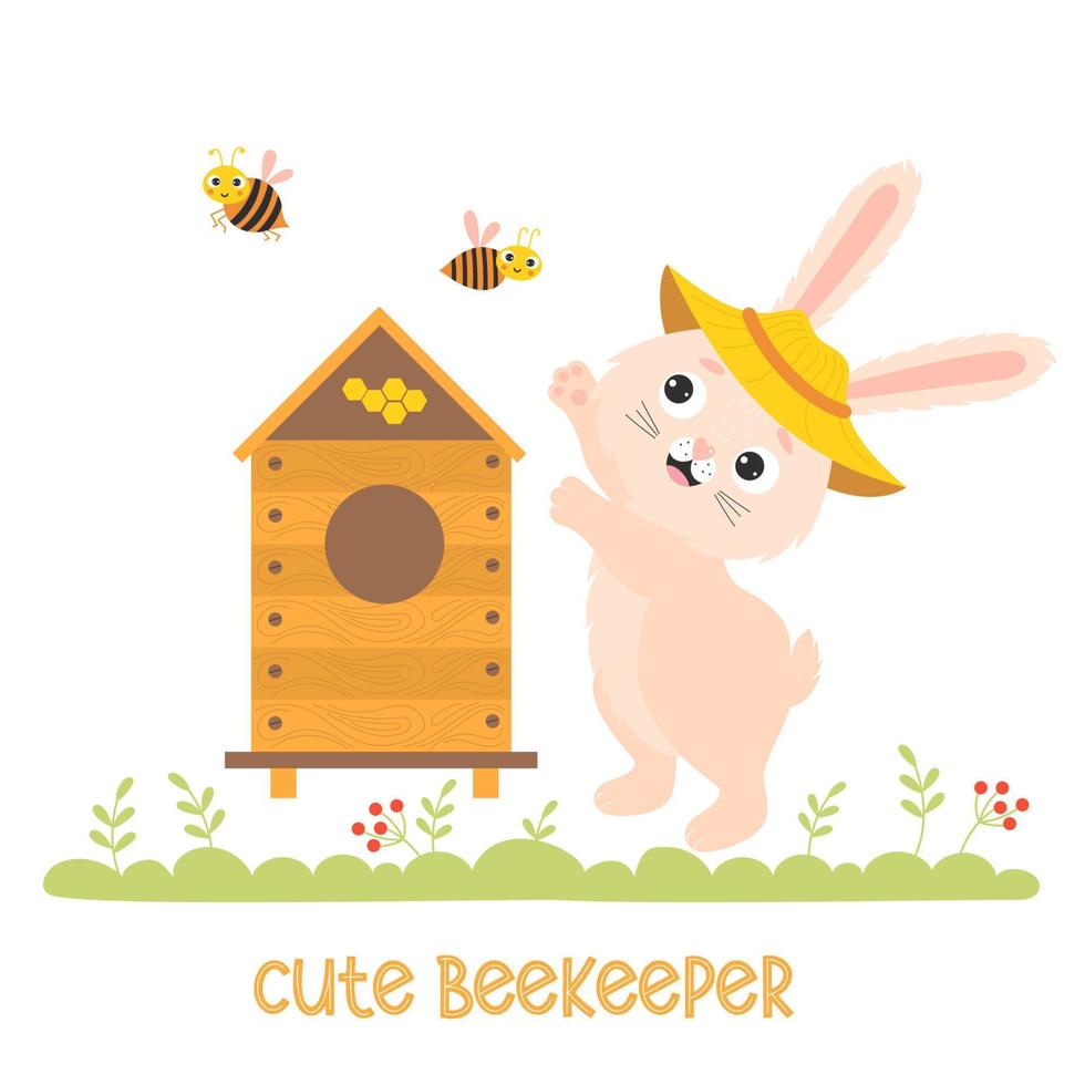 lindo conejito apicultor. apicultor de conejo divertido en apiario con colmena y abejas divertidas. ilustración vectorial conejo de carácter para la colección de niños, tarjetas, diseño, decoración, impresión, folletos sobre apicultura. vector