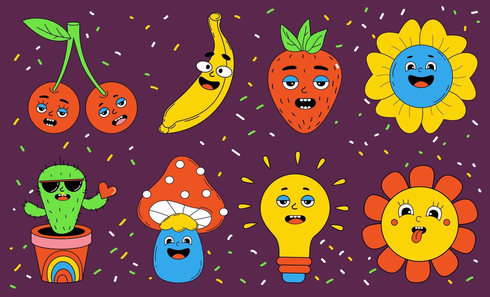 Funny cartoon characters with funny faces. Set comic elements in trendy retro cartoon style. Vector illustration of cherry, banana, earth, strawberry, cactus, mushroom