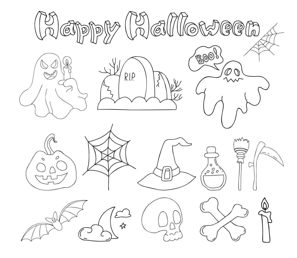 Happy Halloween. Linear hand drawn doodles Jack pumpkin, ghost, web, skull and crossbones, grave, bat, witch hat, scythe, broom and potion. Vector isolated outline elements for decor, design.