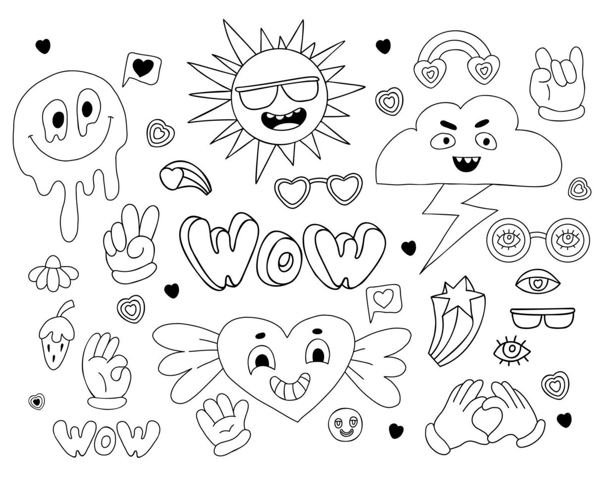 Retro collection of groovy elements. Vector clipart vintage hippy style. Funny characters sun, melted face smile, cloud with lightning, winged heart, hand gestures. Linear hand drawn doodle.