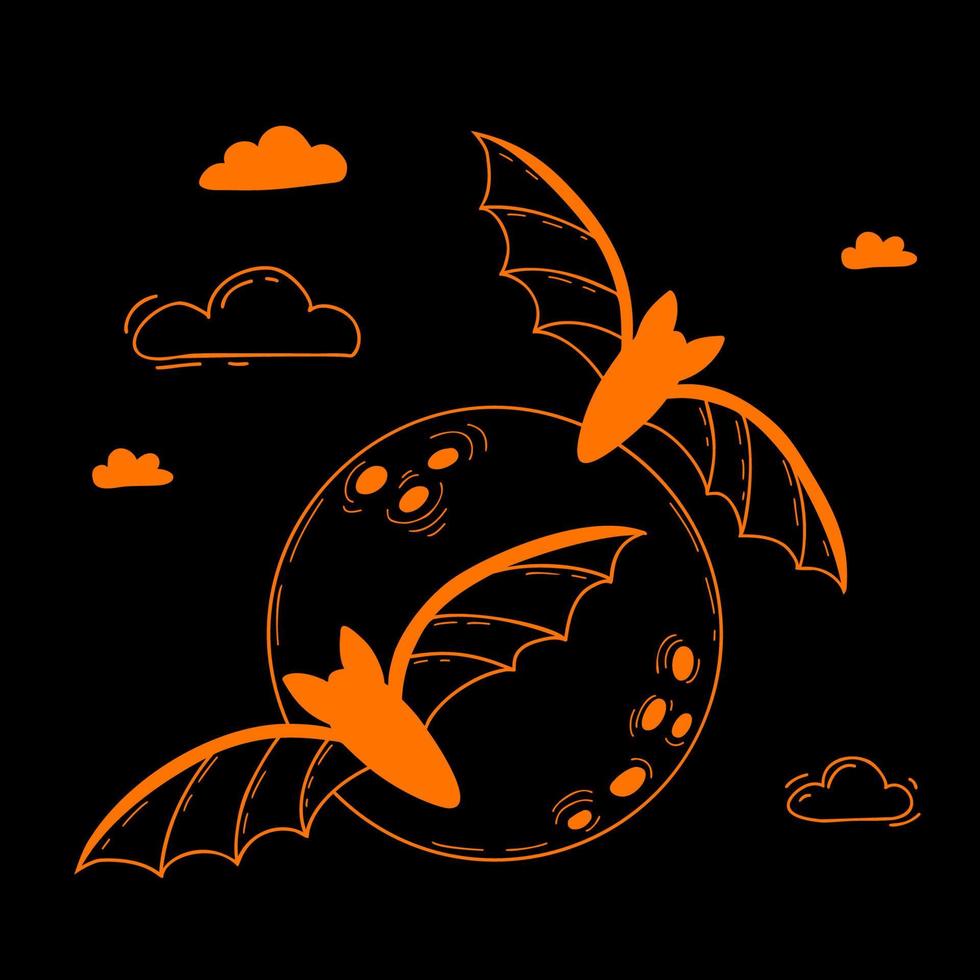 murciélagos, luna llena y nubes. mística noche de miedo animales fiesta de halloween. ilustración vectorial dibujo a mano lineal decorativo para diseño de vacaciones, decoración, decoración. vector