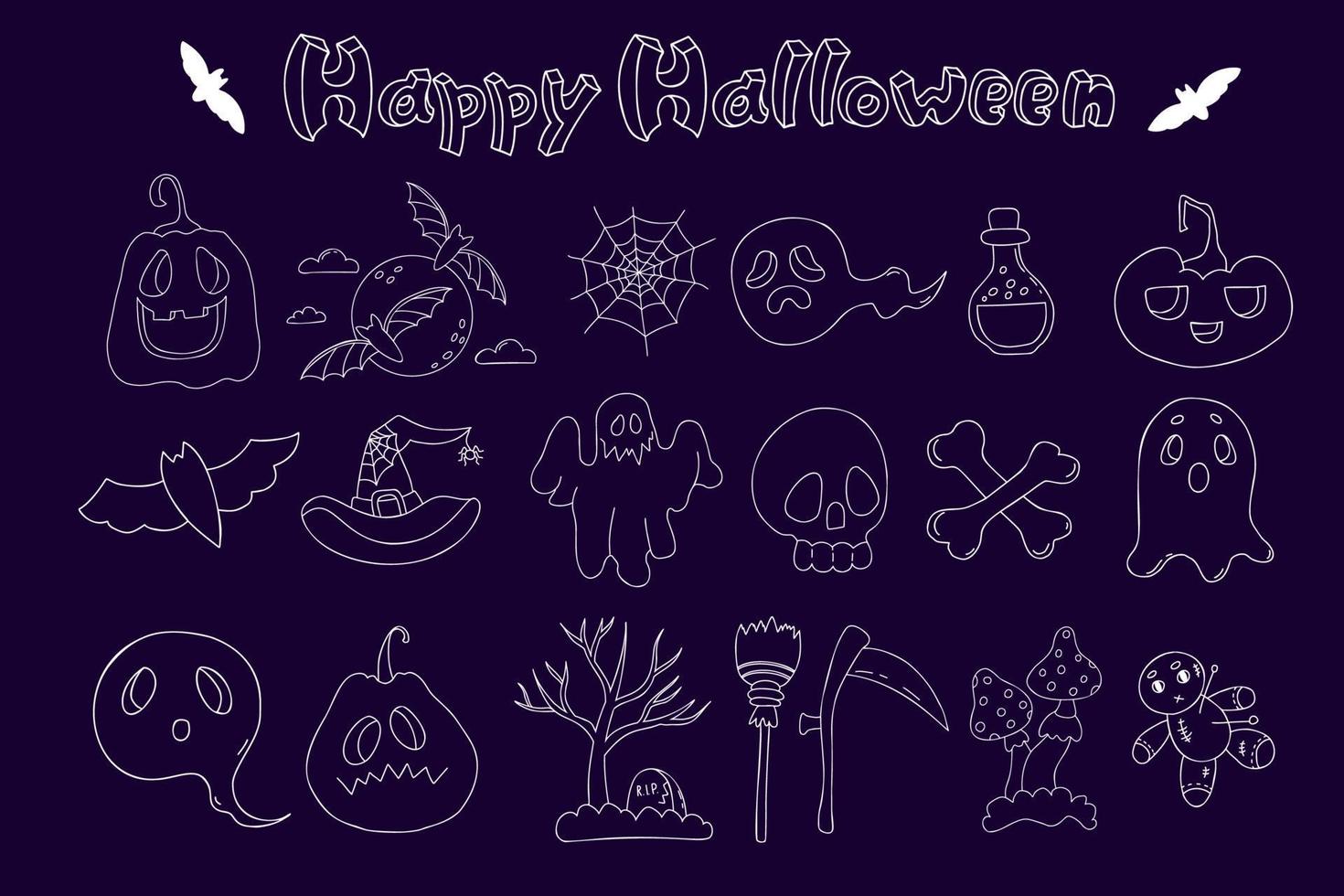 Happy Halloween doodles. Jack pumpkin, ghost, bat and skull and crossbones, grave, voodoo doll, witch hat, scythe, broom and potion. Vector isolated outline elements. White line on dark background.