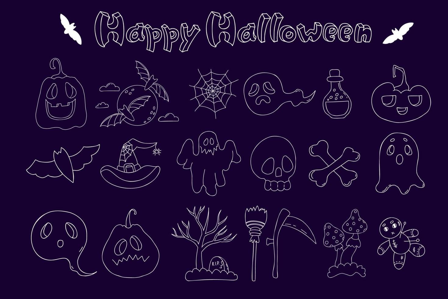 felices garabatos de halloween. calabaza, fantasma, murciélago y calavera y tibias cruzadas, tumba, muñeco vudú, sombrero de bruja, guadaña, escoba y poción. elementos de contorno aislados vectoriales. línea blanca sobre fondo oscuro. vector