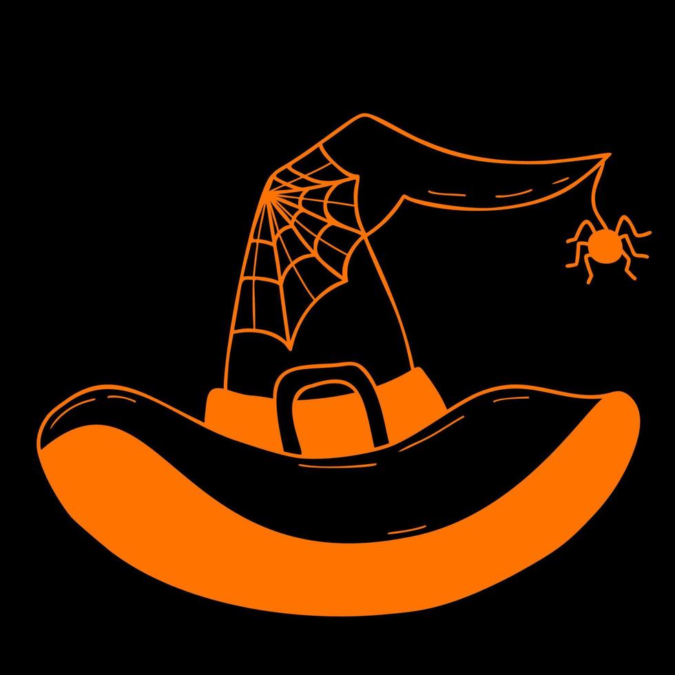 Magic witch hat. Wizardry. Hat with cobweb and spider Halloween holiday. Vector illustration. Hand drawing in doodle style.