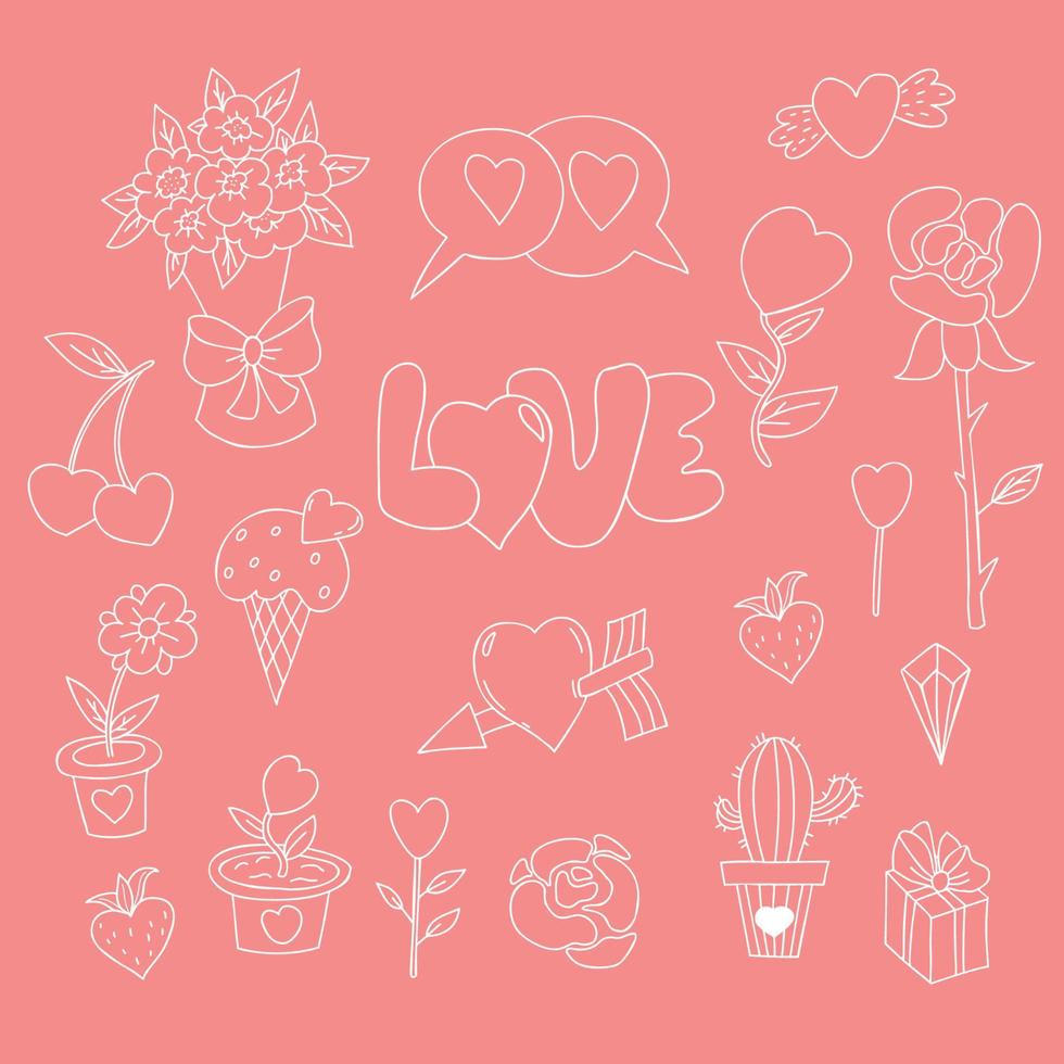 conjunto de garabatos de amor y flores románticas. rosa y ramo de novia, flecha de cupido y corazón alado, cactus, macetas, regalo y fresas. contorno vectorial dibujos lineales aislados para decoración y diseño. vector