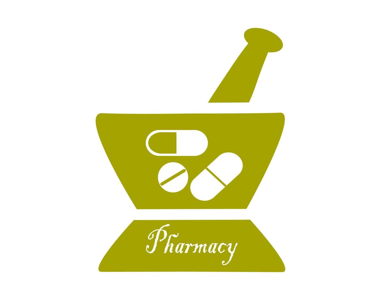 Vector design of mortar and pestle pharmacy olive green color against white background. With tablet, capsule, pharmacy sign.