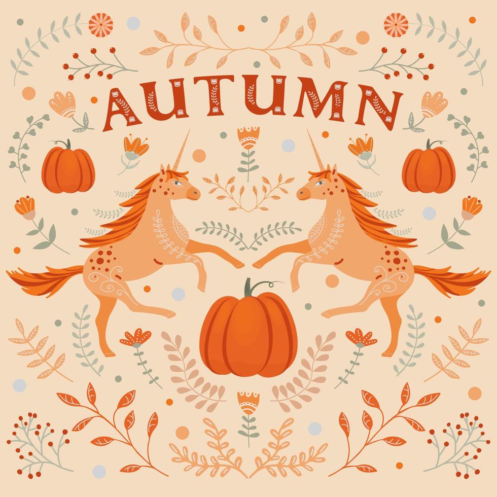 Autumn illustration in folk style, with pumpkins, unicorns and floral motifs. vector