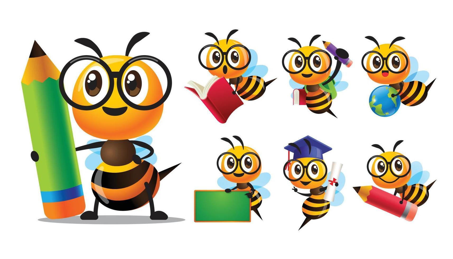 personaje de abeja lindo de dibujos animados con gafas serie de regreso a la escuela con diferentes poses. linda abeja sosteniendo un lápiz, sosteniendo un libro, llevando una pizarra y un globo terráqueo. colección de conjunto de mascota de vector