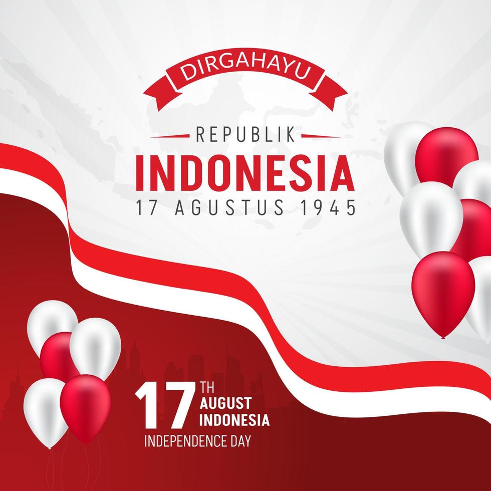 Indonesia Independence Day 17th August with flag and balloon illustration on maps and sunburst background vector