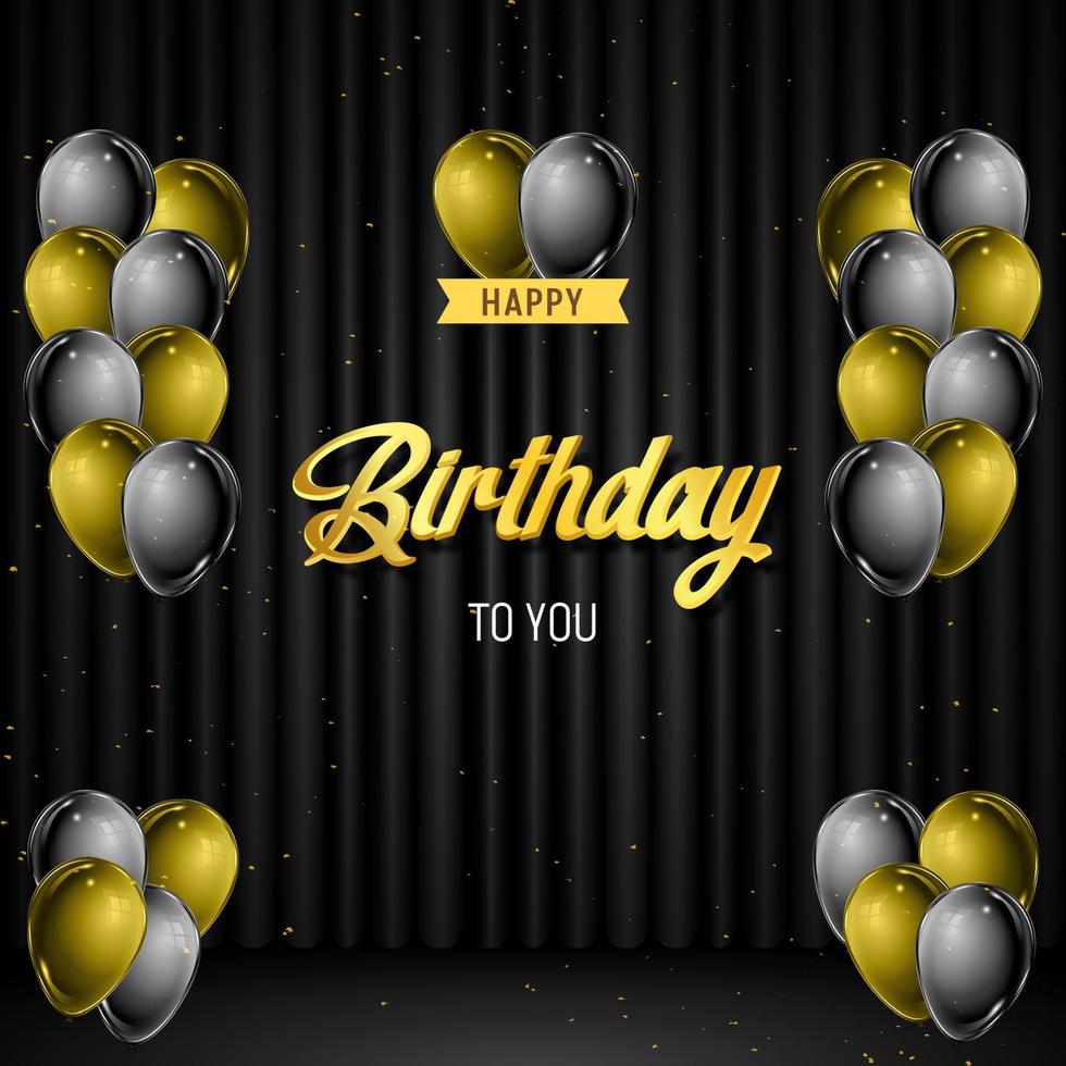 diseño de banner de feliz cumpleaños con globos confeti e ilustración de cortina sobre fondo negro vector