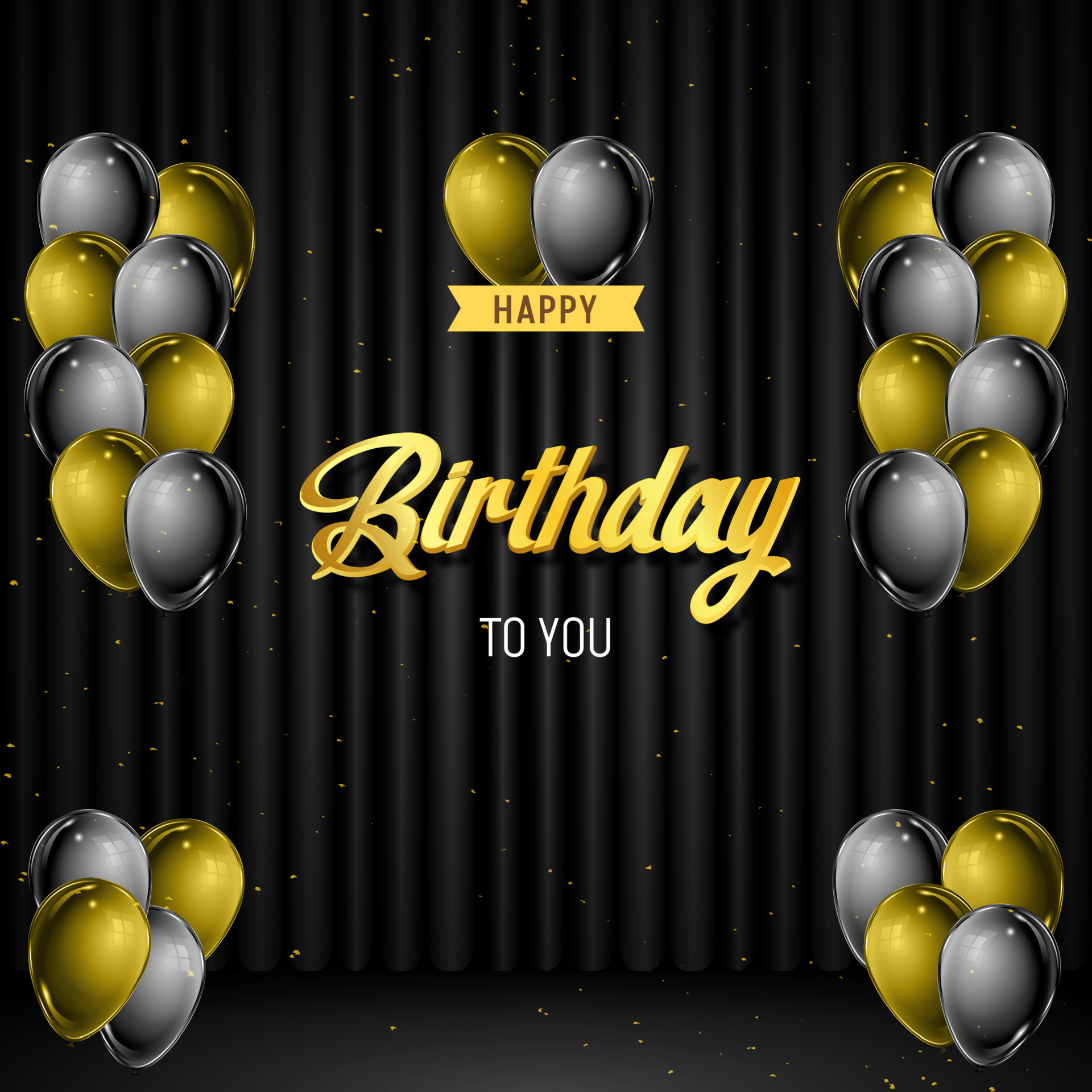 Happy Birthday banner design with balloons confetti and curtain  illustration on black background 9482397 Vector Art at Vecteezy