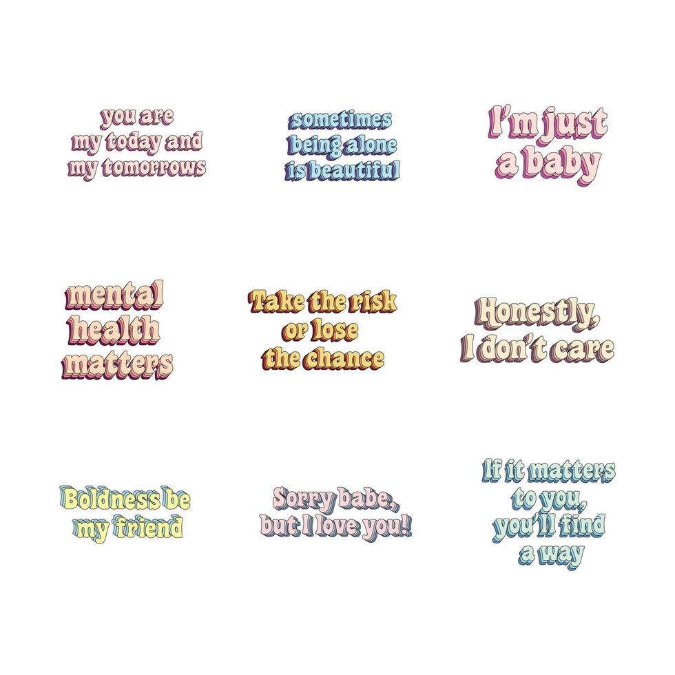 Set of different quotes and memes. Colorful text sticker vector