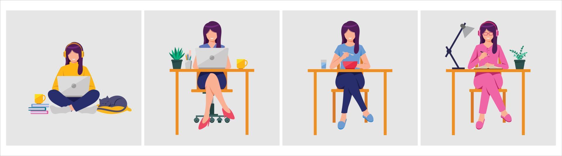 Flat design Character of a young woman working at home, working in office, eating and studying. Flat illustration, background, vector. vector