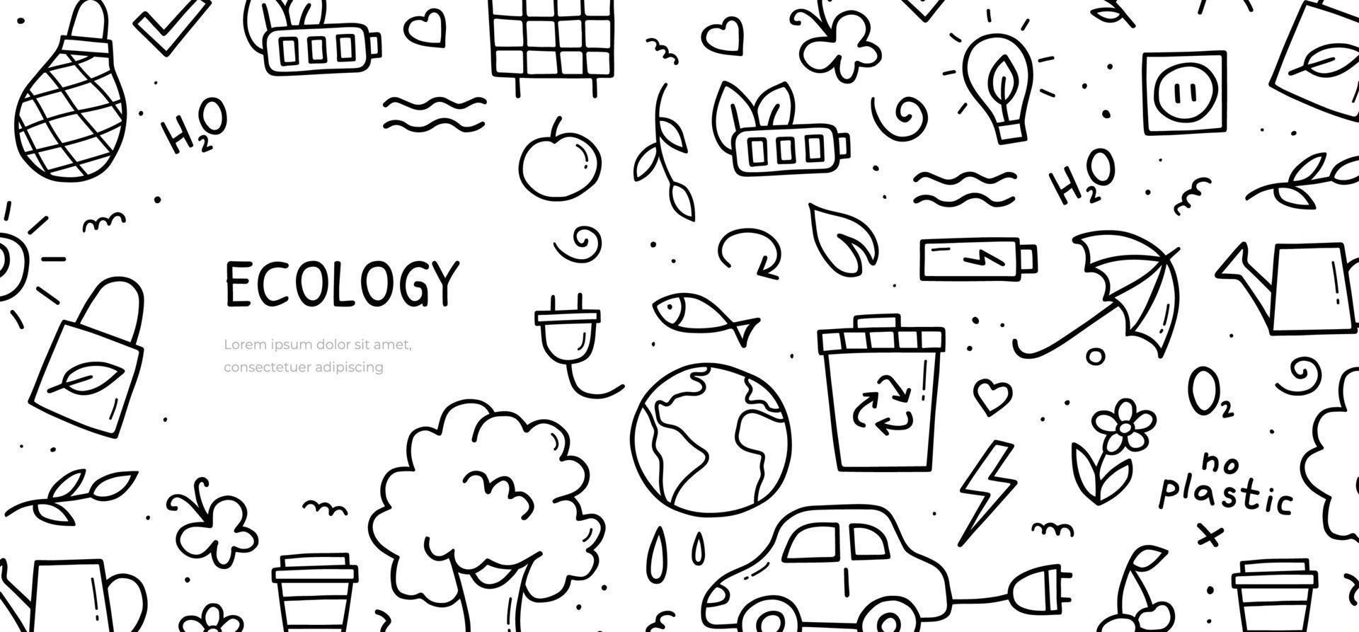 Hand drawn doodle set of ecology theme items. Horizontal banner template. Sketch style illustration. vector
