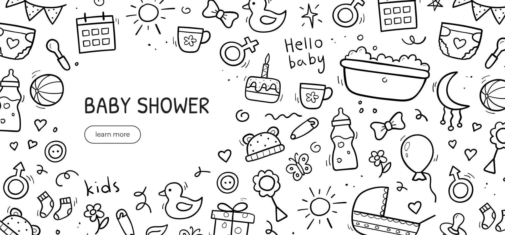 Hand drawn horizontal banner of baby objects and elements. Background template design. Vector illustration.