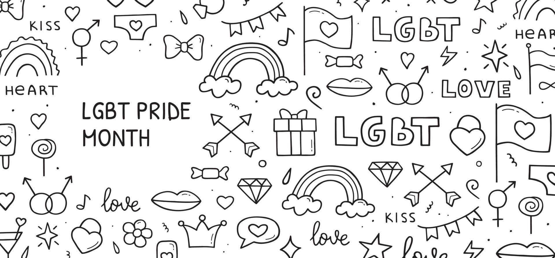 Hand drawn doodle set of LGBT theme items. Horizontal banner template. Sketch style illustration. vector