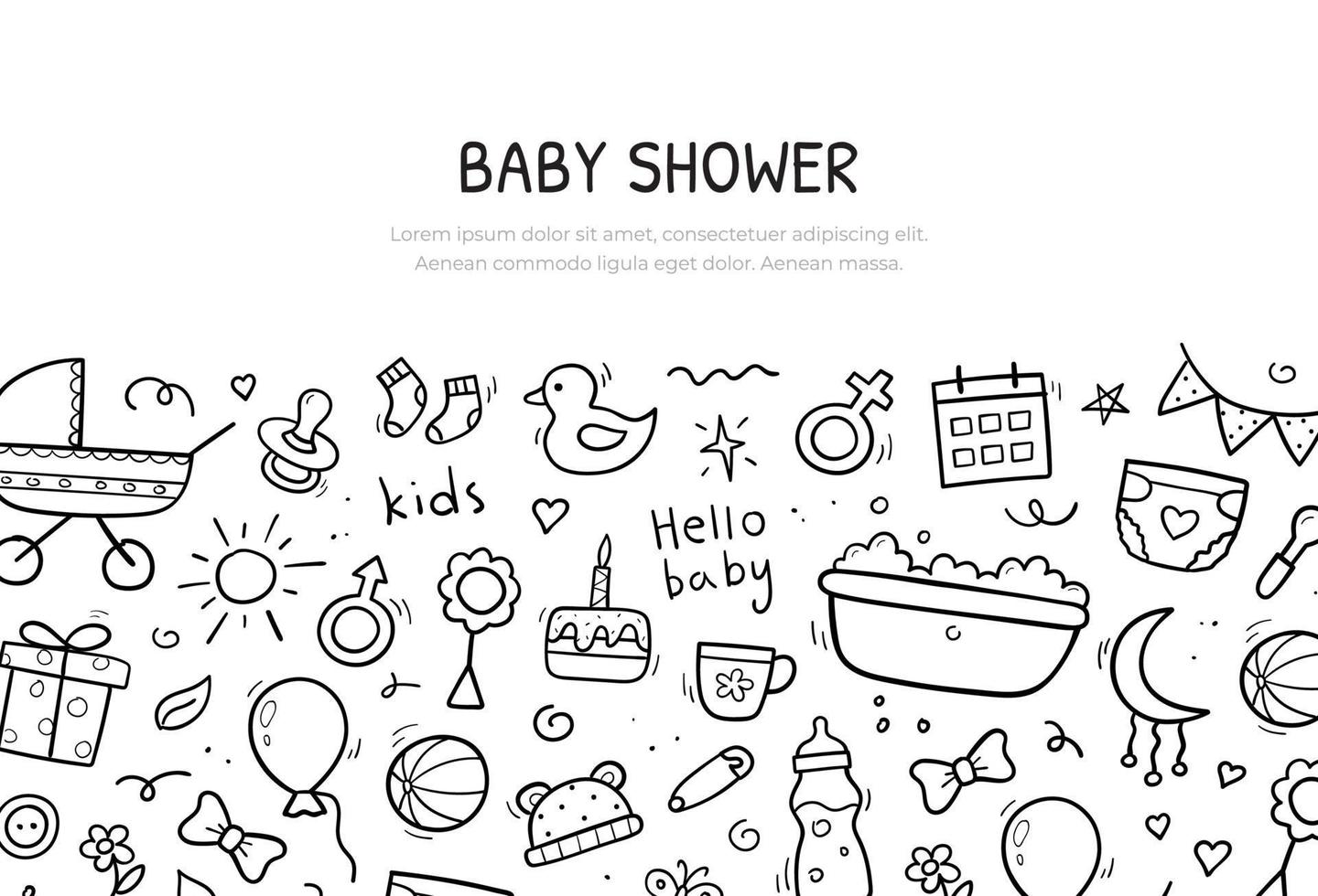 Hand drawn web banner of baby objects and elements. Background template design. Vector illustration.