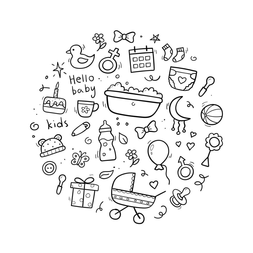 concepto de ducha de bebé. conjunto dibujado a mano de objetos y elementos para bebés. composición redonda. estilo de boceto ilustración vectorial vector