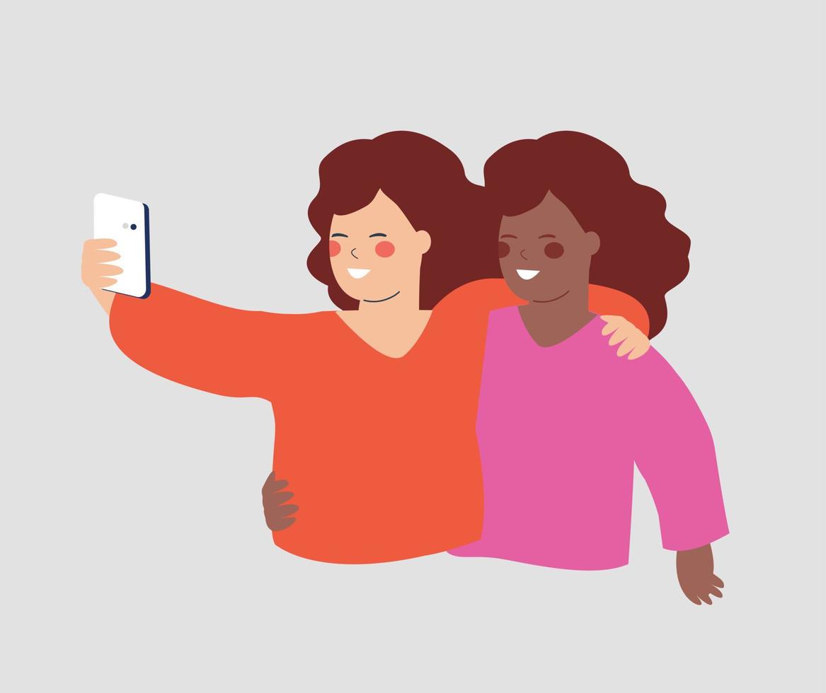 la mujer abraza a su mejor amiga y habla de selfie. las mujeres se abrazan y sostienen un teléfono inteligente para enviar mensajes de texto, escuchar música o chatear en línea. concepto de usabilidad móvil, amistad y tecnología. vector