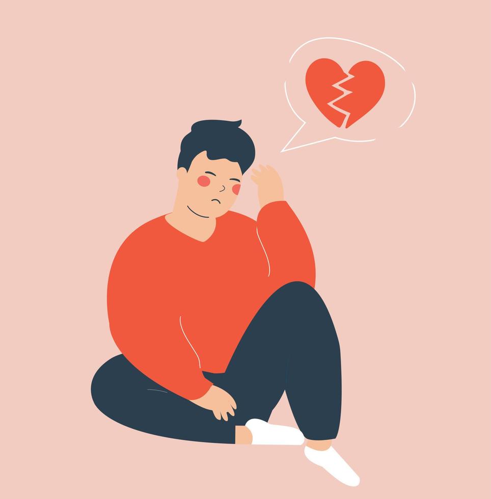 Sad man with broken heart and gloomy thoughts. Teenage boy has problems in relationship with love heartache. Young male feeling upset because of break up with his lover. Heartbroken concept. vector