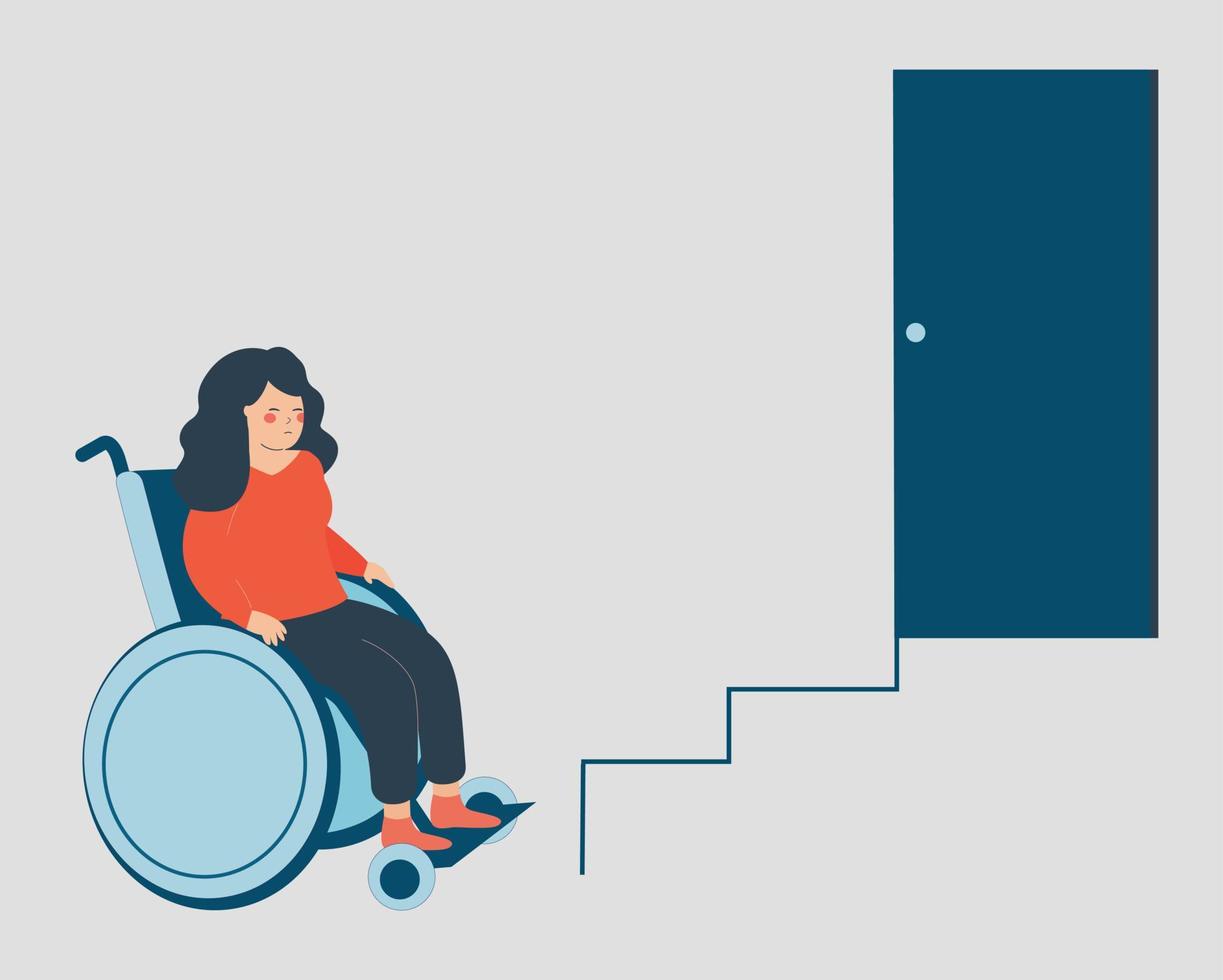 mujer con discapacidad no puede subir las escaleras sin rampa. la mujer adolescente usa una silla de ruedas y tiene problemas de movilidad. concepto de infraestructura urbana para personas en silla de ruedas. vector