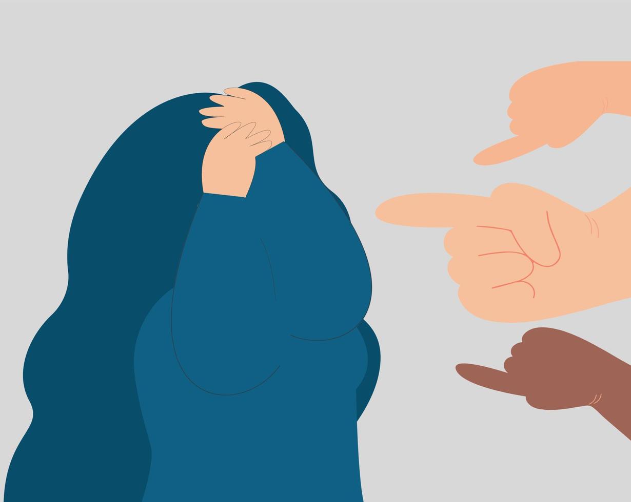 la gente rodea a una mujer y la señala con el dedo. la mujer se cubre la cara y se siente avergonzada. colegiala intimidada por sus compañeros de clase. poner fin a la violencia o el abuso contra los niños y las mujeres. material vectorial vector