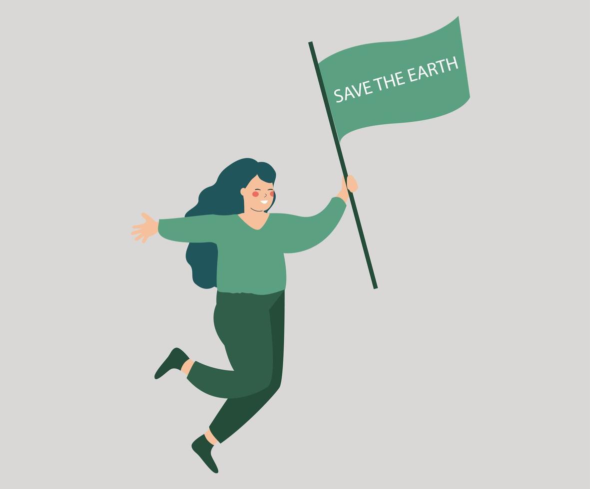 Young woman Holds a flag that says save the earth. Teenage girl campaigning to protect planet earth. Green ecology, environment protection and energy saving concept. Vector stock.