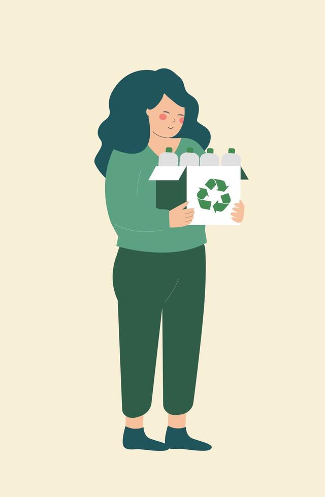 mujer joven recoge botellas de plástico para reciclar. ecología verde, protección del medio ambiente y concepto del día de la tierra. ilustración vectorial vector