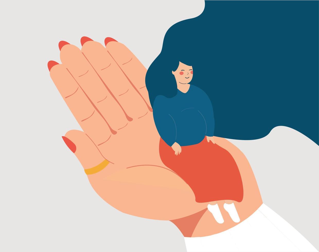 la mujer embarazada se sienta en la mano de un médico durante un chequeo. maternidad para mujeres que necesitan ayuda y apoyo. ilustración de la atención hospitalaria. ginecólogo, concepto de salud psicológica y mental. vector. vector