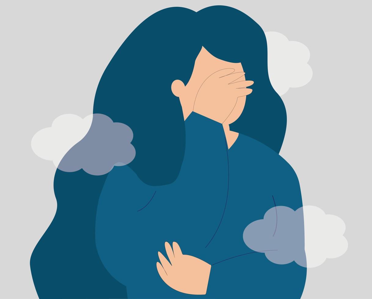 Depressed woman with a clouded mind covers her face. Stressed teenager girl suffers from mental health disorders. Psychological proplems, anxiety, depression concept. Vector illustration.