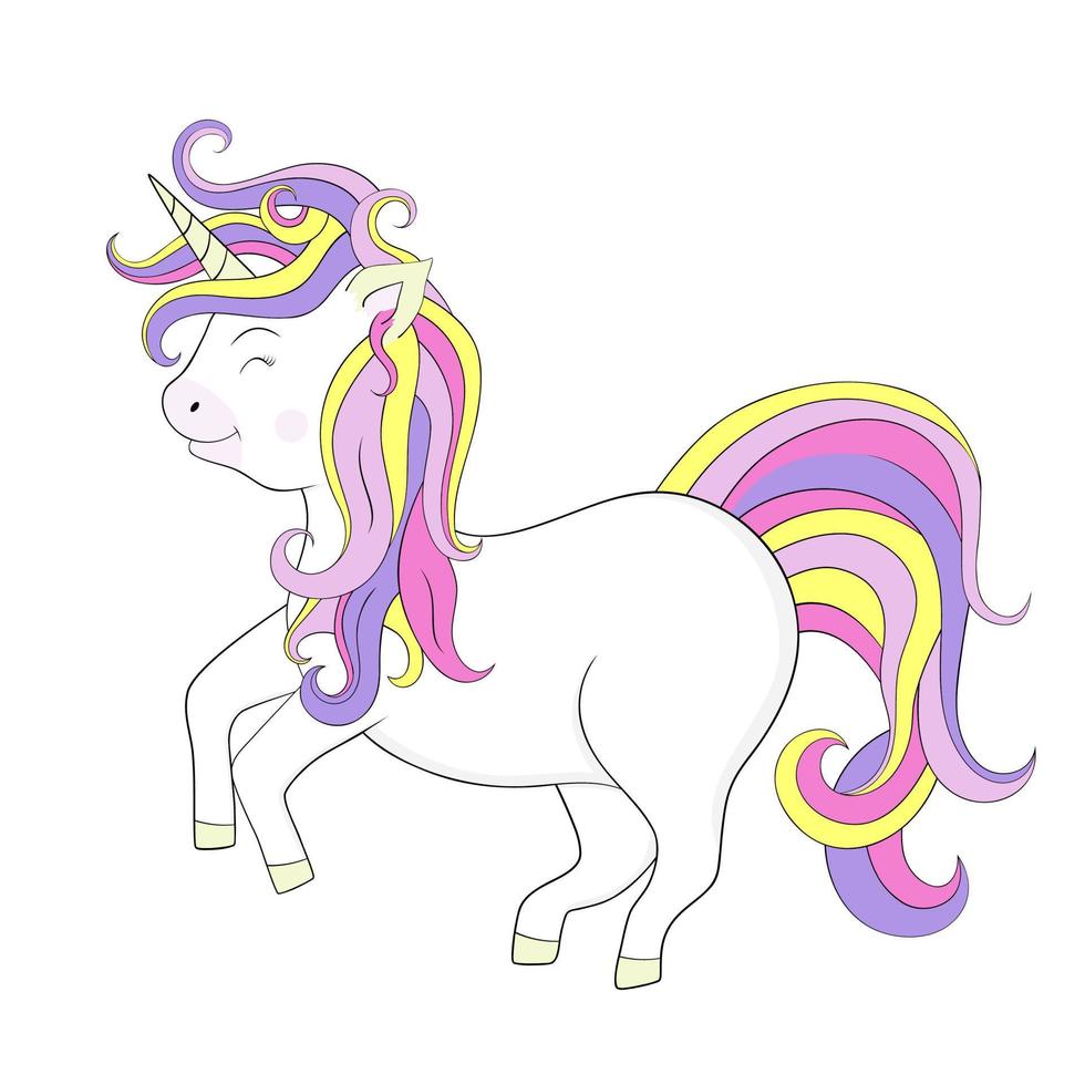 Beautiful illustration of cute little smiling unicorn. Hand drawn picture for your design. vector