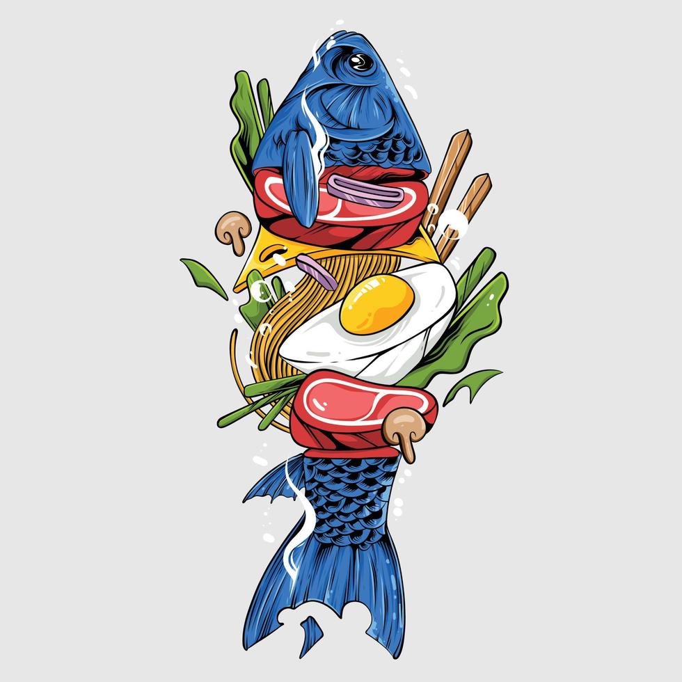 plating fish with noodle illustration vector