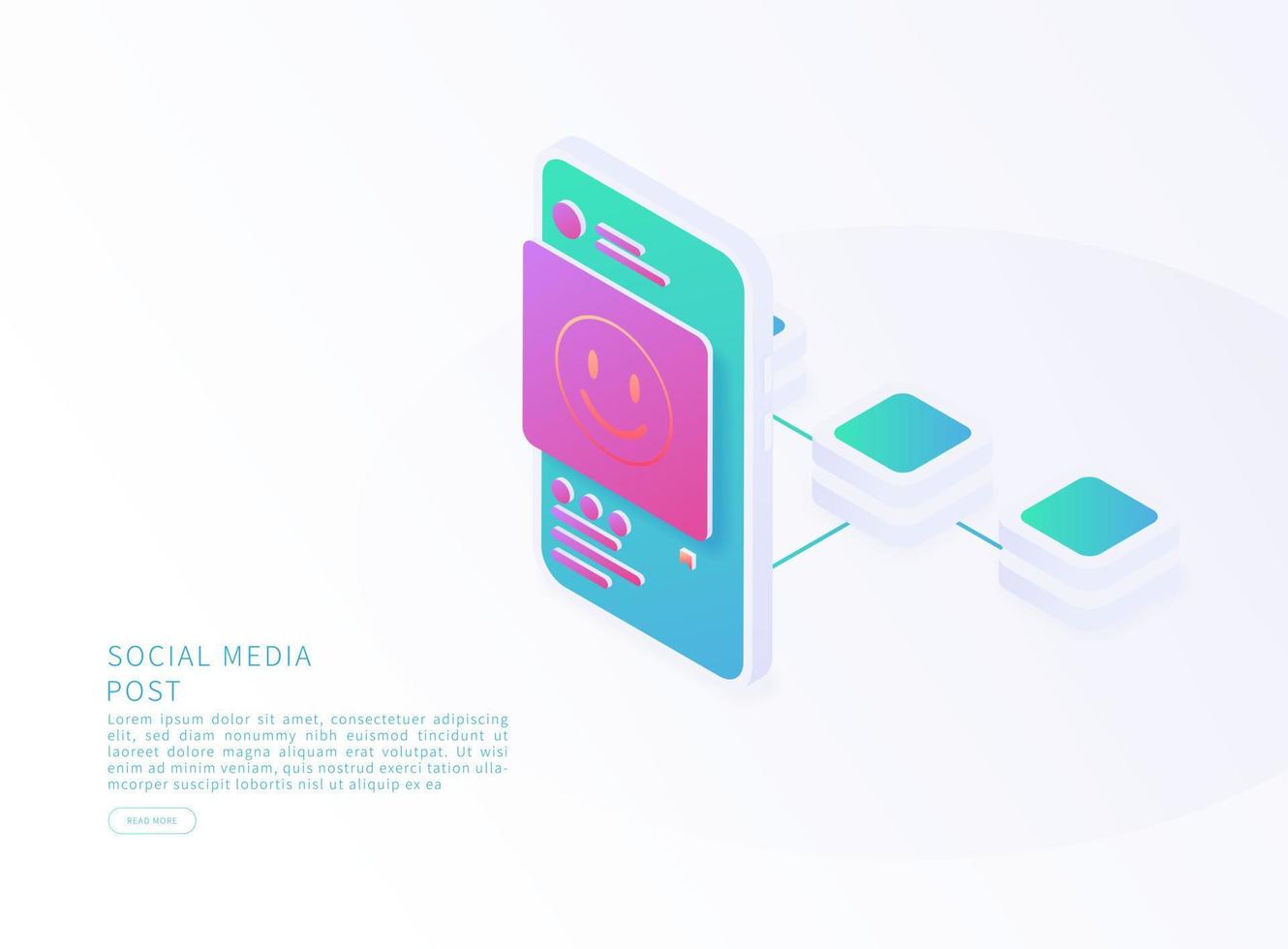 Smartphone with social media post in isometric vector illustration. Vector Illustration.
