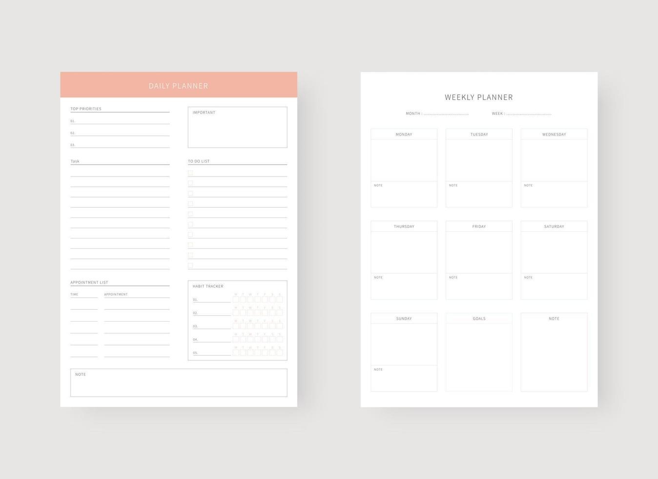 Daily and weekly planner template. Set of planner and to do list. Modern planner template set. Vector illustration.