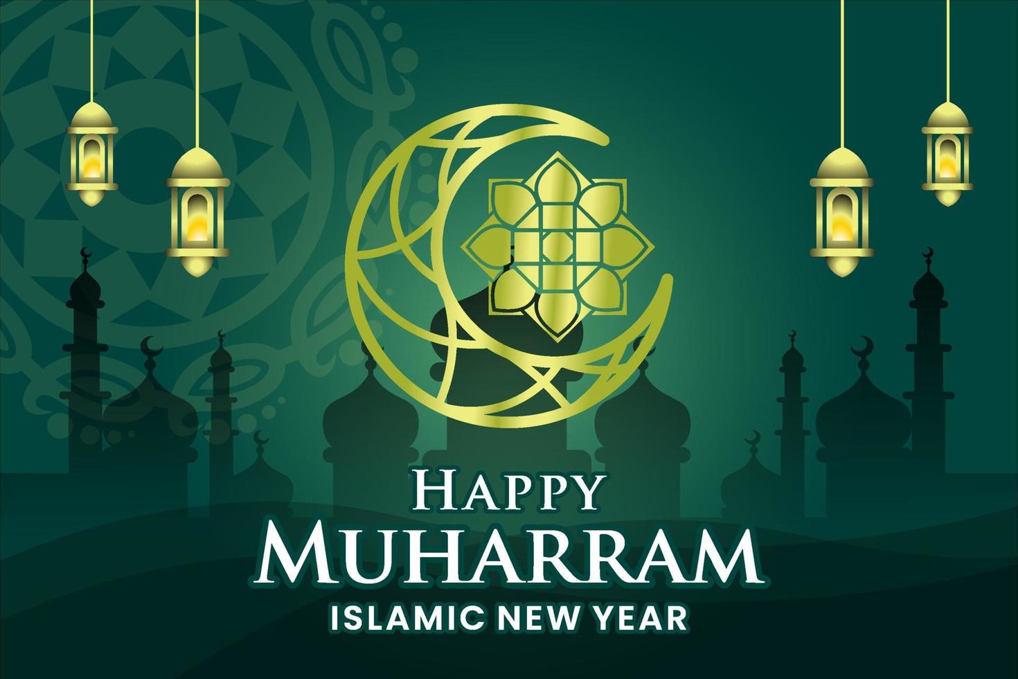 Green islamic new year banner with moon and flowers background vector