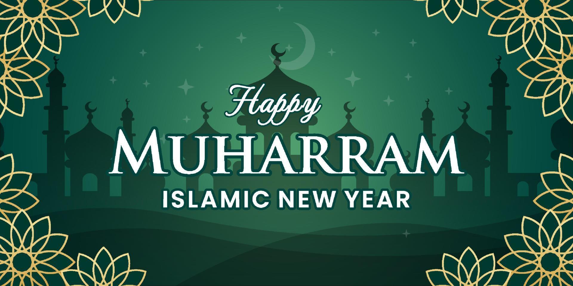 Green islamic new year banner with flower and mosque background vector