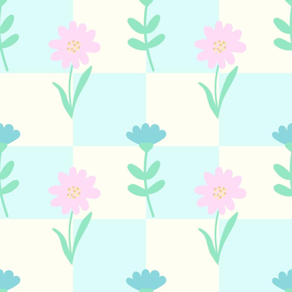 Spring flowers seamless pattern on geometric background. Fresh modern floral print for kids apparel, scrapbooking, wallpaper vector