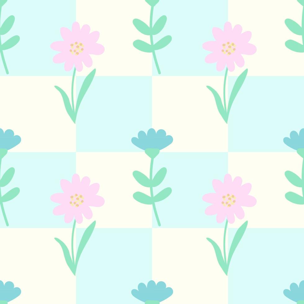 patrón sin costuras de flores de primavera sobre fondo geométrico. estampado floral moderno y fresco para ropa de niños, álbumes de recortes, papel tapiz vector