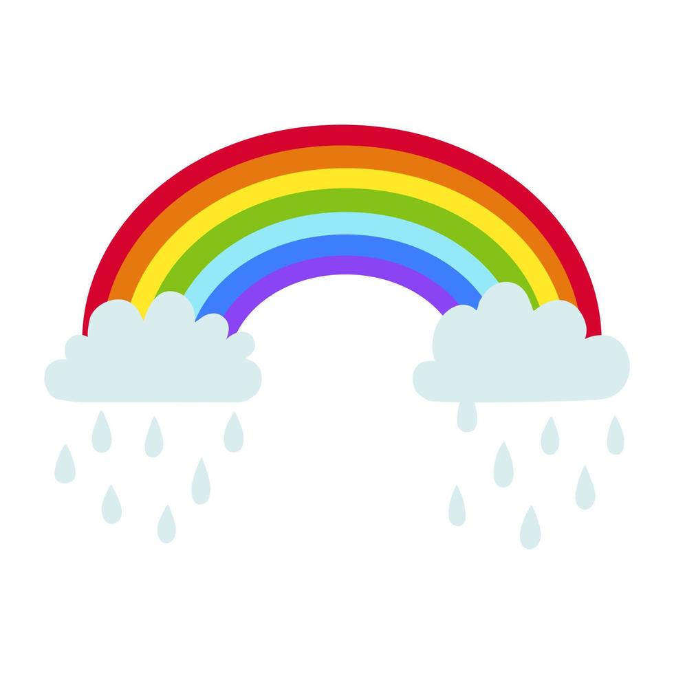 Rainbow with clouds and raindrops. Hand drawn vector illustration. Designed for t-shirt, eco bag, poster, home design, decoration