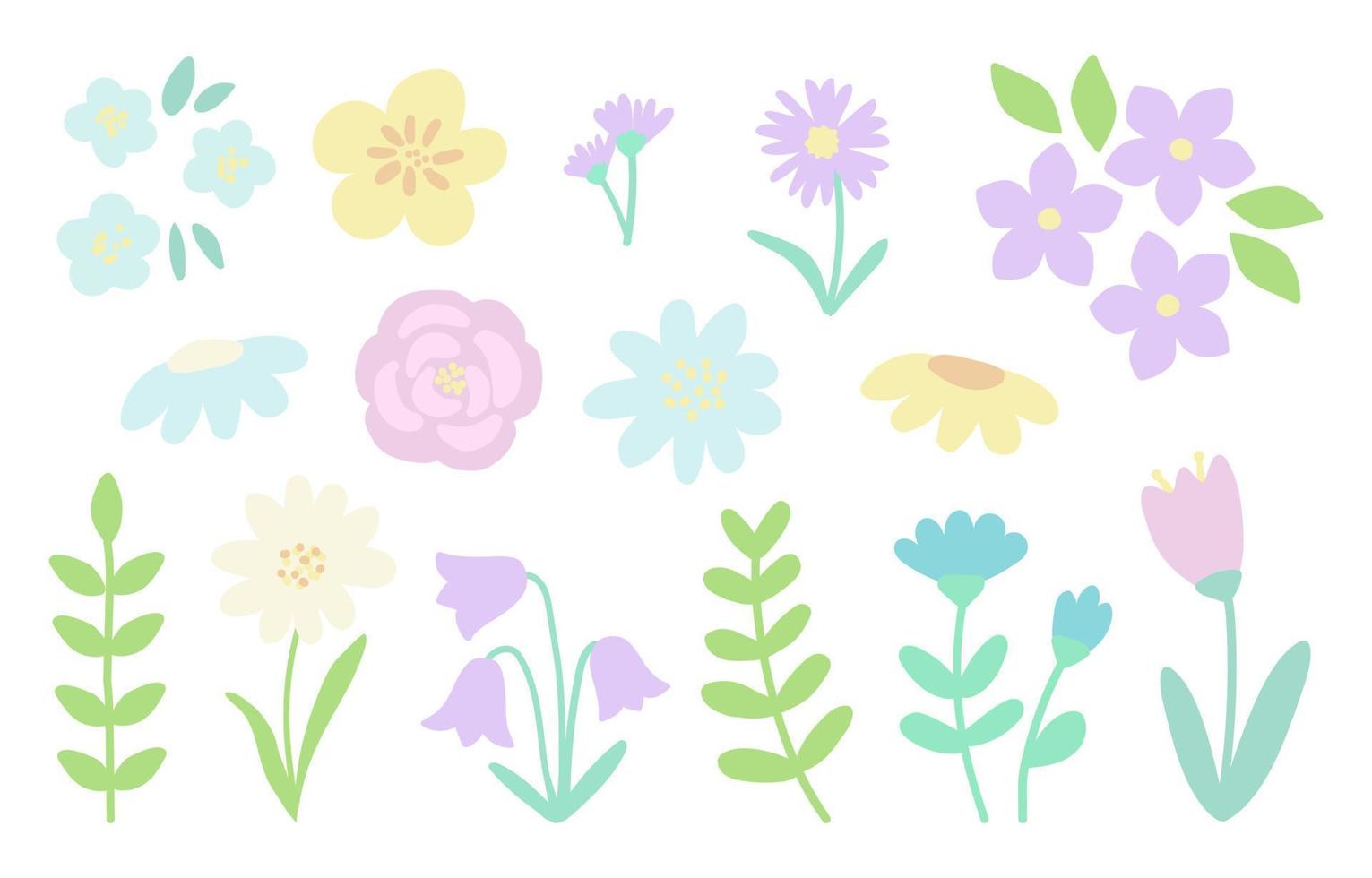 Blooming flowers set. Hand drawn floral elements on white. Vector illustration