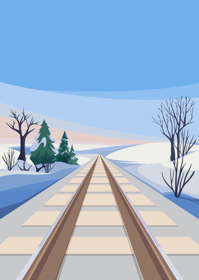 Railroad in winter season. Outdoor scene in portrait format. vector