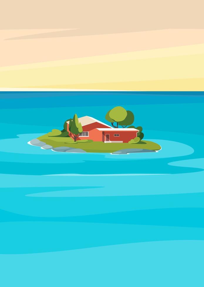 Seascape with red house on island. Natural landscape in vertical format. vector