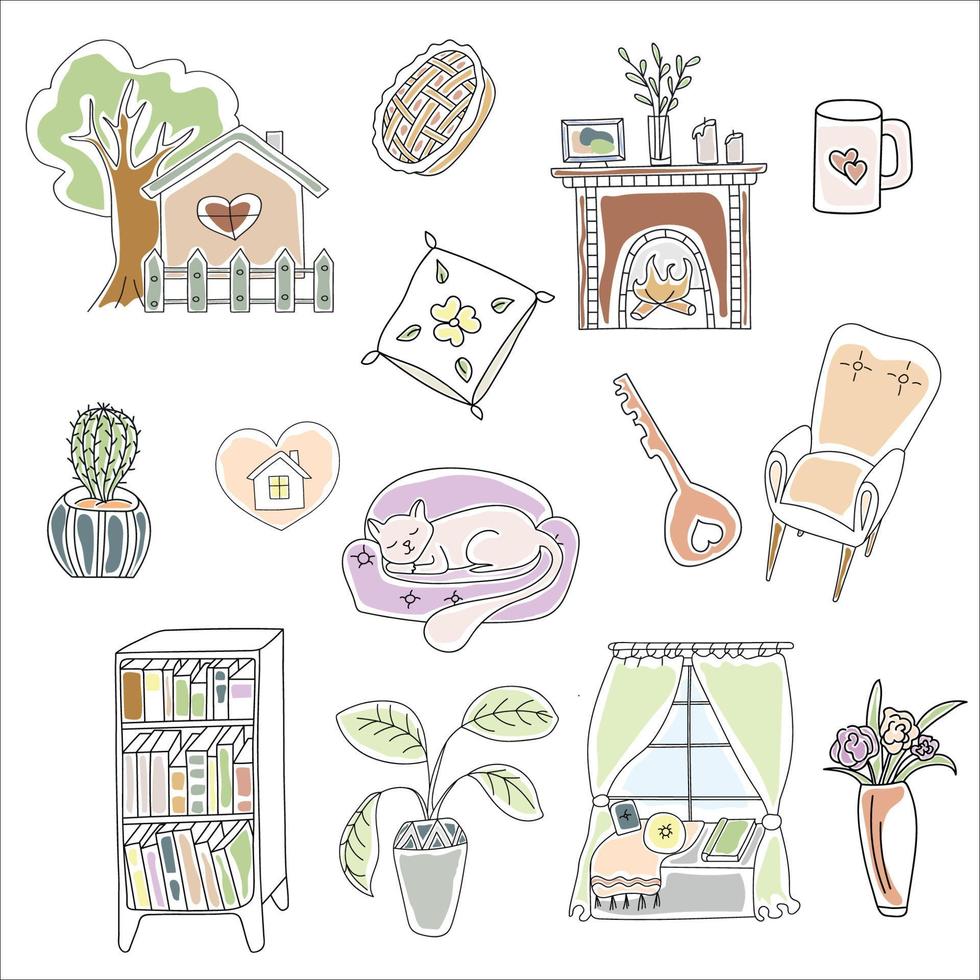 set of home comfort in doodle style vector