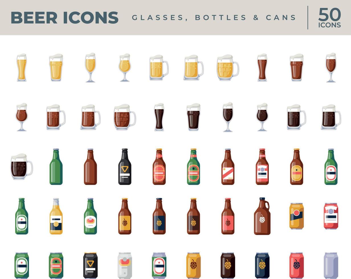 50 Beer icons. Glasses, bottles and cans vector