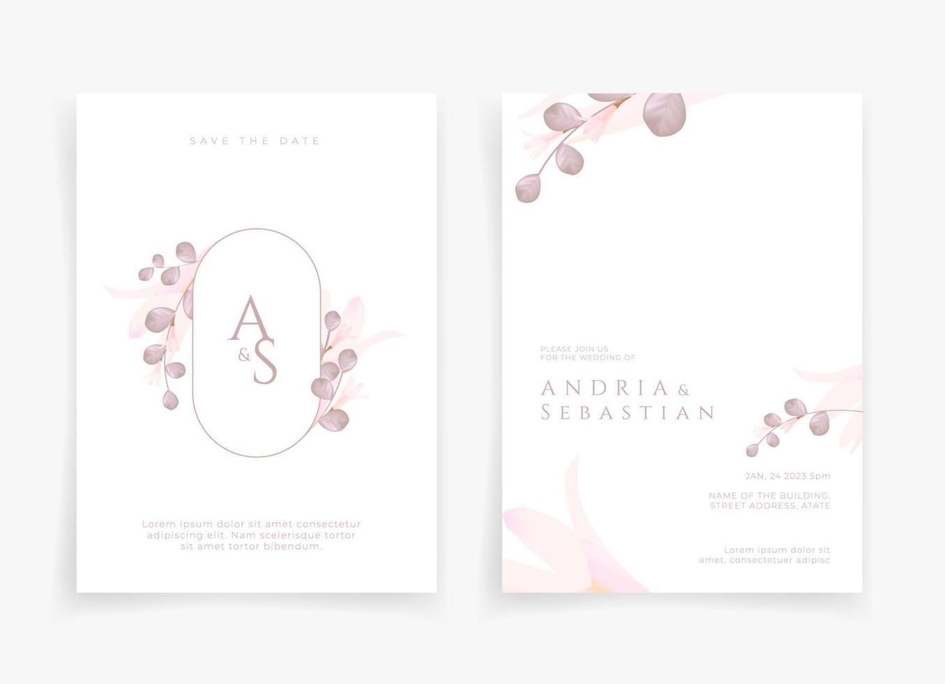 White wedding card or invitation card with pink flower and leaf theme front side and backside. Nature wedding card. Nature cover. Wedding card template. vector