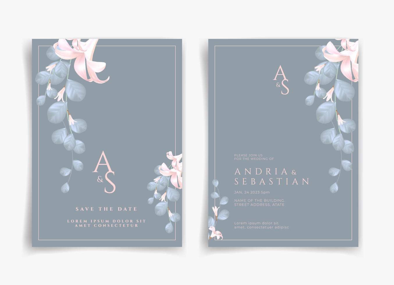 Blue wedding card or invitation card with pink flower and leaf theme front side and back side. Nature wedding card. Nature cover. Wedding card template. vector