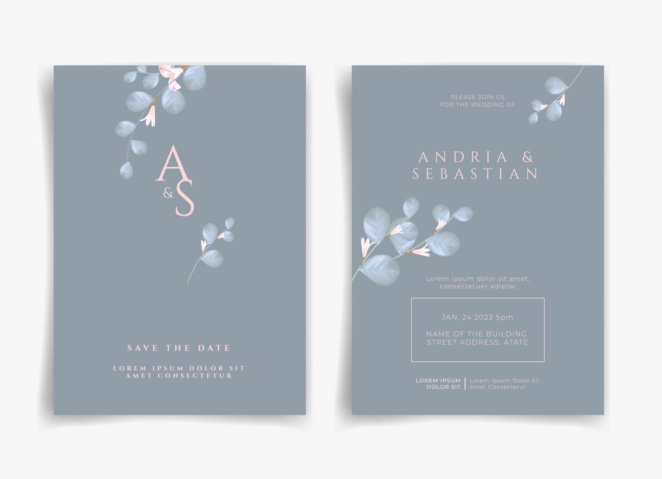 Blue wedding card or invitation card with pink flower and leaf theme front side and back side. Nature wedding card. Nature cover. Wedding card template. vector