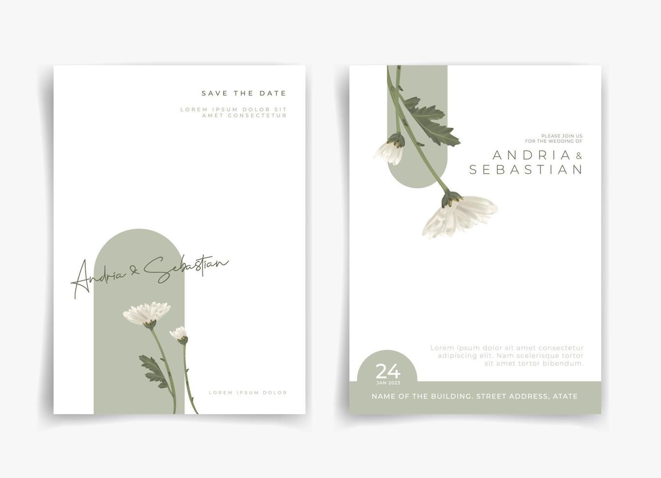 White and green wedding card or invitation card with white flower and leaf theme front side and backside. Nature wedding card. Nature cover. Wedding card template. vector