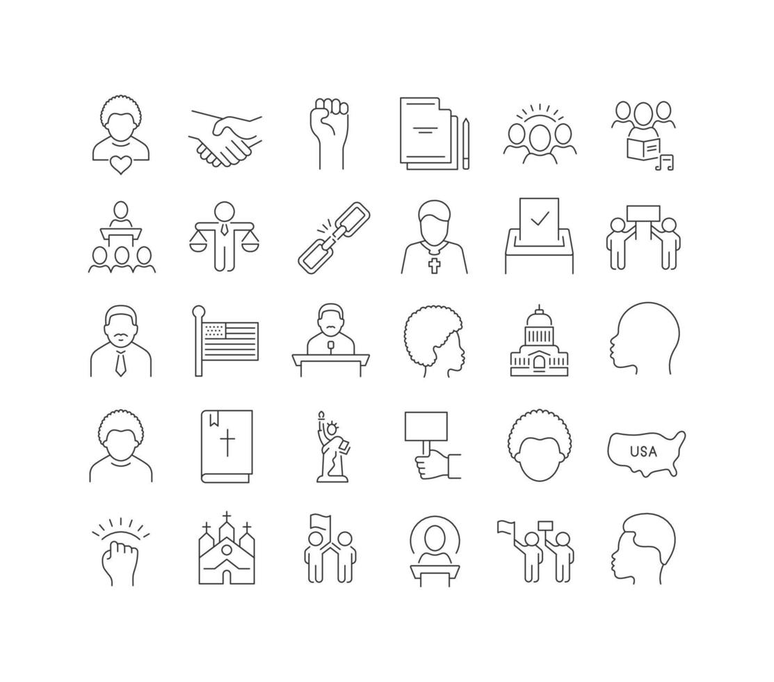 Set of linear icons of Martin Luther King Jr. Day vector